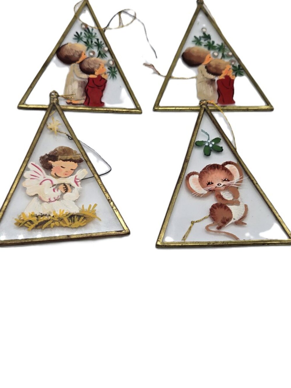 4 Vintage Glass Ornaments Christmas Handpainted Holiday Scenes Triangle Shape